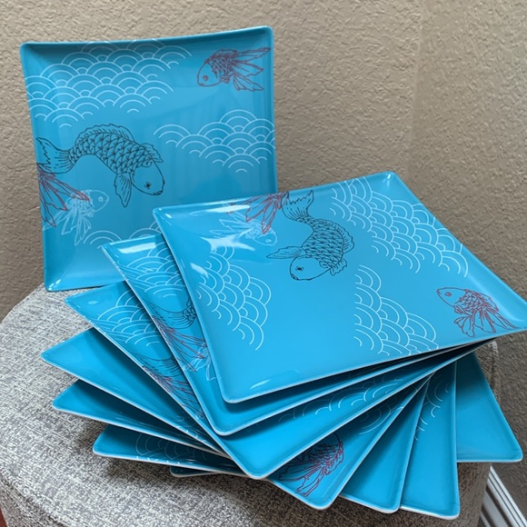 Melamine Square 10” Dinner Plates Koy Fish Print on beautiful turquoise blue - Picture 1 of 4